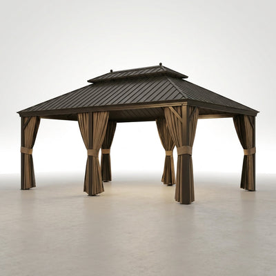 Outdoor Patio Gazebo Built for Year-Round Use, 14x20 Ft Steel Roof, Aluminum Frame, Curtains & Netting