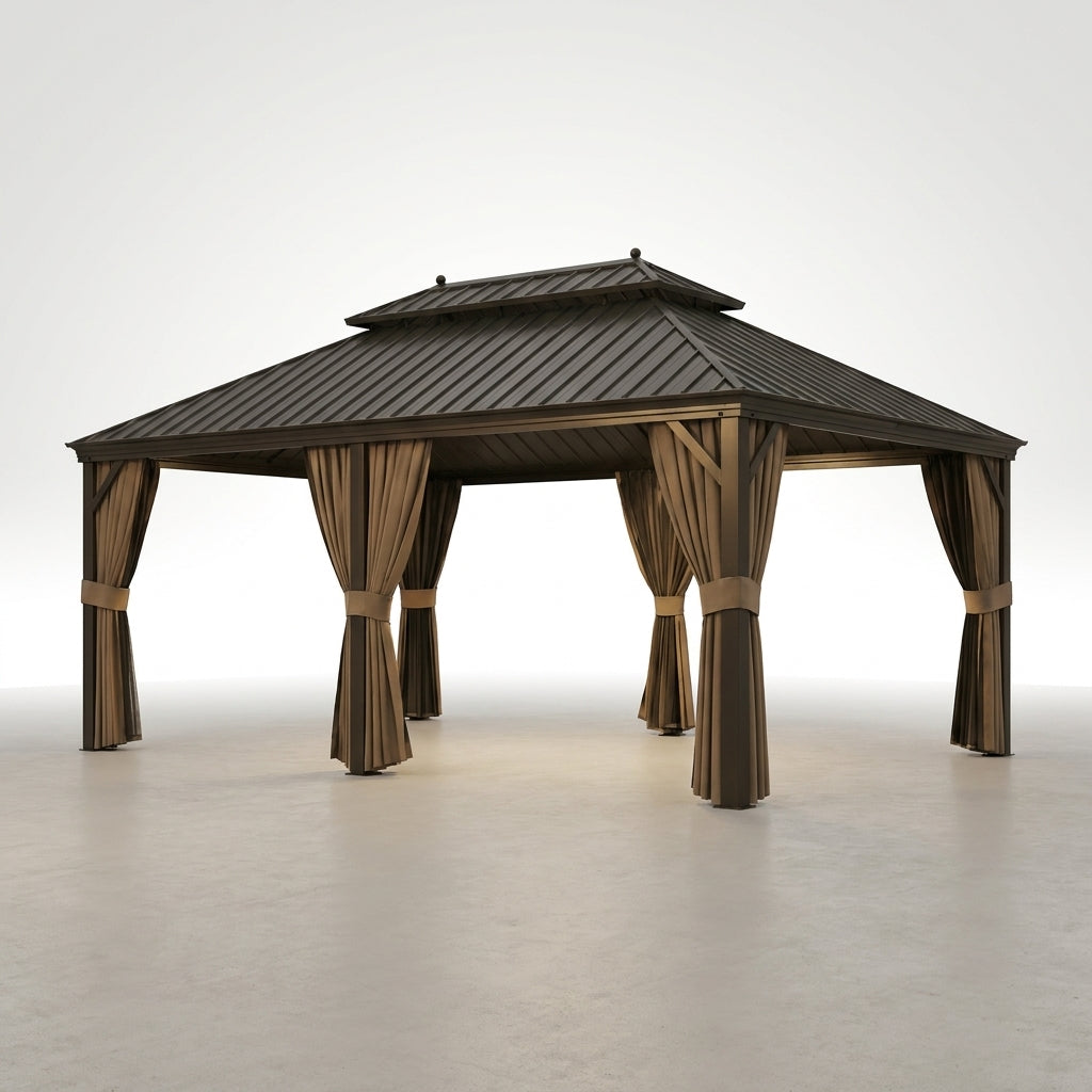 14 Ft. X 20 Ft. Double Galvanized Steel Roof Aluminum Frame Outdoor Patio Hardtop Gazebo with Netting and Curtains — Studio Shot