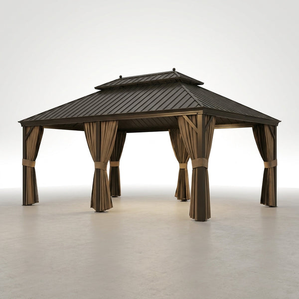14 Ft. X 20 Ft. Double Galvanized Steel Roof Aluminum Frame Outdoor Patio Hardtop Gazebo with Netting and Curtains — Studio Shot