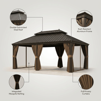 14 Ft. X 20 Ft. Double Galvanized Steel Roof Aluminum Frame Outdoor Patio Hardtop Gazebo with Netting and Curtains — infographic
