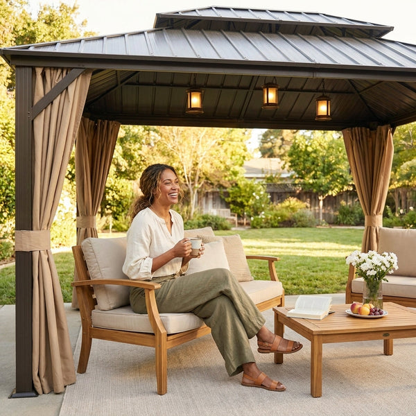 Outdoor Patio Gazebo Built for Year-Round Use, 14x20 Ft Steel Roof, Aluminum Frame, Curtains & Netting