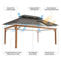 14 Ft. X 22 Ft. Double Galvanized Steel Roof Aluminum Wood-Looking Frame Outdoor Patio Hardtop Gazeb — How It Works