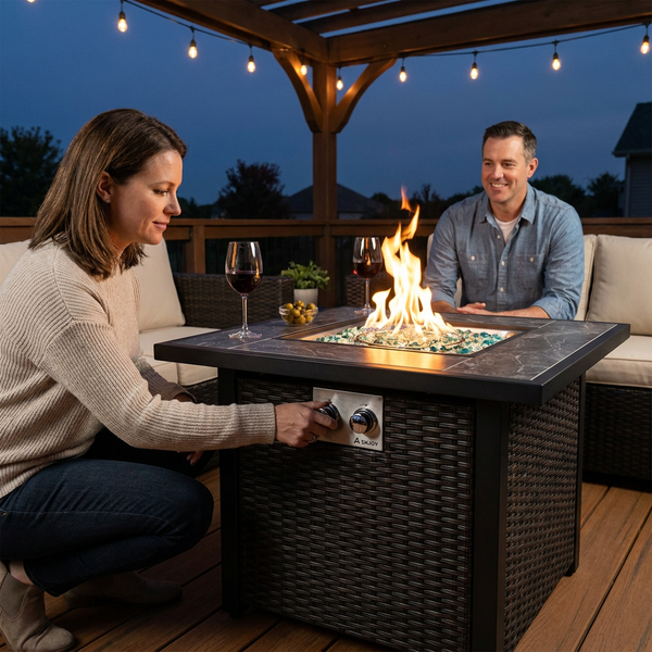 Propane Fire Pit Table Built for Outdoor Gatherings, 32 Inch Design, 40,000 BTU Auto-Ignition, Rattan Base