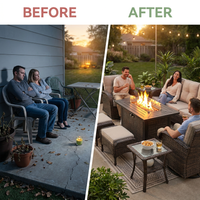 7 Piece Outdoor Patio Furniture Set, Patio Furniture Set with Fire Pit Table Rattan Wicker Patio Furniture Set, Brown Wicker & Beige Cushion — Before & After