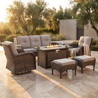 7 Piece Outdoor Patio Furniture Set, Patio Furniture Set with Fire Pit Table Rattan Wicker Patio Furniture Set, Brown Wicker & Beige Cushion — Studio Shot