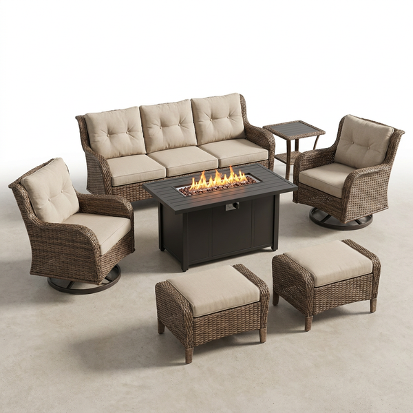 7 Piece Outdoor Patio Furniture Set, Patio Furniture Set with Fire Pit Table Rattan Wicker Patio Furniture Set, Brown Wicker & Beige Cushion — Studio Shot