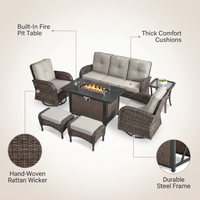 7 Piece Outdoor Patio Furniture Set, Patio Furniture Set with Fire Pit Table Rattan Wicker Patio Furniture Set, Brown Wicker & Beige Cushion — infographic