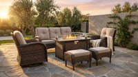 7 Piece Outdoor Patio Furniture Set, Patio Furniture Set with Fire Pit Table Rattan Wicker Patio Furniture Set, Brown Wicker & Beige Cushion — Lifestyle