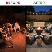 9-Piece Outdoor Patio Furniture Set with Fire Pit Table,Swivel Chairs and 6" Thick Cushions,Sectional Sofa and Ottomans,Patio Conversation Set for Porch Deck Garden Backyard — Before & After