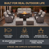 9-Piece Outdoor Patio Furniture Set with Fire Pit Table,Swivel Chairs and 6" Thick Cushions,Sectional Sofa and Ottomans,Patio Conversation Set for Porch Deck Garden Backyard — Results & Stats