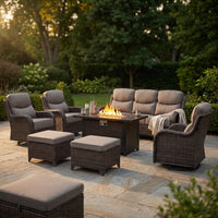 9-Piece Outdoor Patio Furniture Set with Fire Pit Table,Swivel Chairs and 6" Thick Cushions,Sectional Sofa and Ottomans,Patio Conversation Set for Porch Deck Garden Backyard — Studio Shot