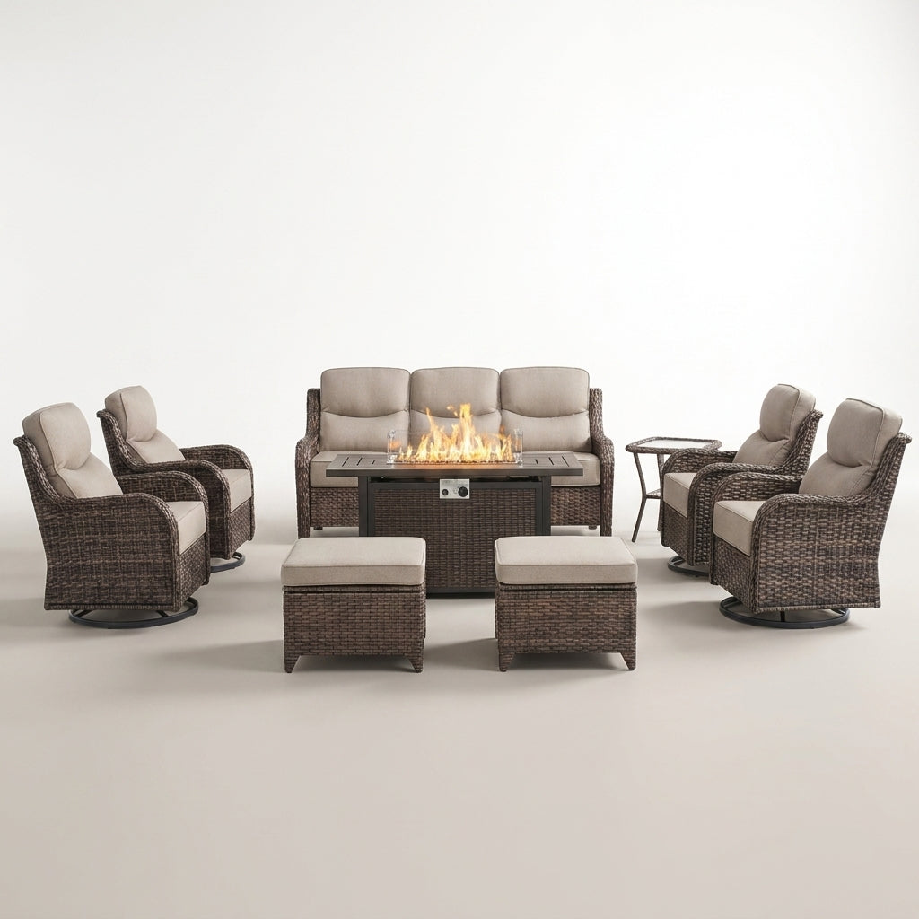 9-Piece Outdoor Patio Furniture Set with Fire Pit Table,Swivel Chairs and 6" Thick Cushions,Sectional Sofa and Ottomans,Patio Conversation Set for Porch Deck Garden Backyard — Studio Shot
