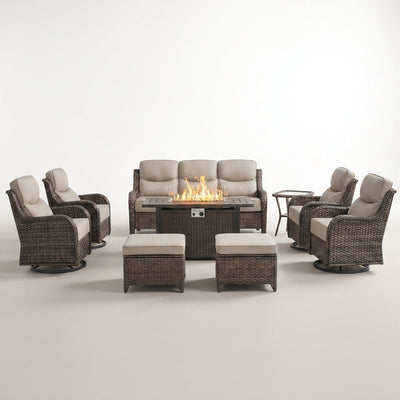 Outdoor Patio Furniture Set Built to Last, Fire Pit Table, Swivel Chairs, 6 Inch Cushions, 9 Piece