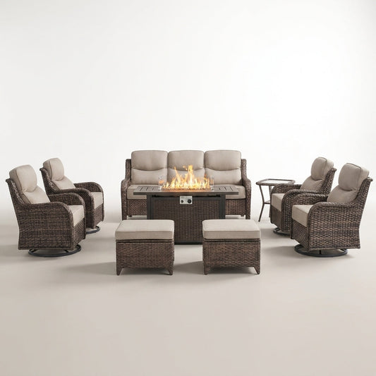 9-Piece Outdoor Patio Furniture Set with Fire Pit Table,Swivel Chairs and 6" Thick Cushions,Sectional Sofa and Ottomans,Patio Conversation Set for Porch Deck Garden Backyard — Studio Shot