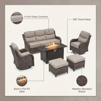 9-Piece Outdoor Patio Furniture Set with Fire Pit Table,Swivel Chairs and 6" Thick Cushions,Sectional Sofa and Ottomans,Patio Conversation Set for Porch Deck Garden Backyard — infographic