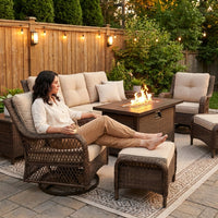 9-Piece Outdoor Patio Furniture Set with Fire Pit Table,Swivel Chairs and 6" Thick Cushions,Sectional Sofa and Ottomans,Patio Conversation Set for Porch Deck Garden Backyard — Lifestyle