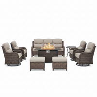 Outdoor Patio Furniture Set Built to Last, Fire Pit Table, Swivel Chairs, 6 Inch Cushions, 9 Piece